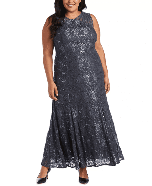 R & M Richards Plus Size Grey Lace Formal Gown - 16W