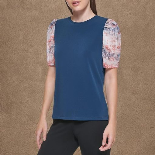 DKNY Mixed Media Print Puff Sleeve Top in N Navy Mltn Orange Combo at Nordstrom, Size X-Small - Image 2