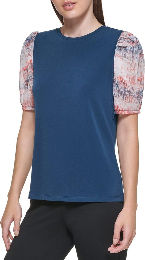 DKNY Mixed Media Print Puff Sleeve Top in N Navy Mltn Orange Combo at Nordstrom, Size X-Small