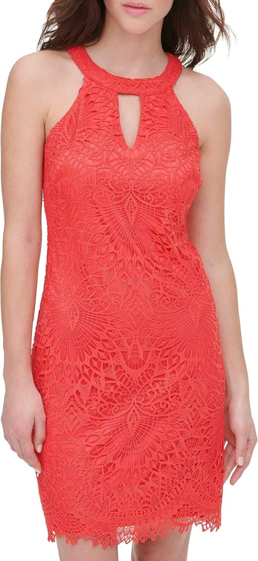 GUESS Womens Coral Lace Zippered Lined Sleeveless Halter Short Party Sheath Dress 0