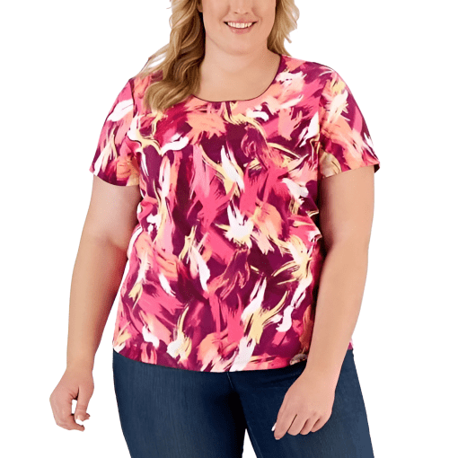 Karen Scott Plus Size Retro Wash Printed Top,Steel Rose 2X