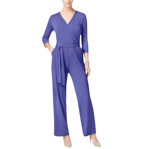 NY Collection Petites Womens V-Neck Belted Jumpsuit Size PL