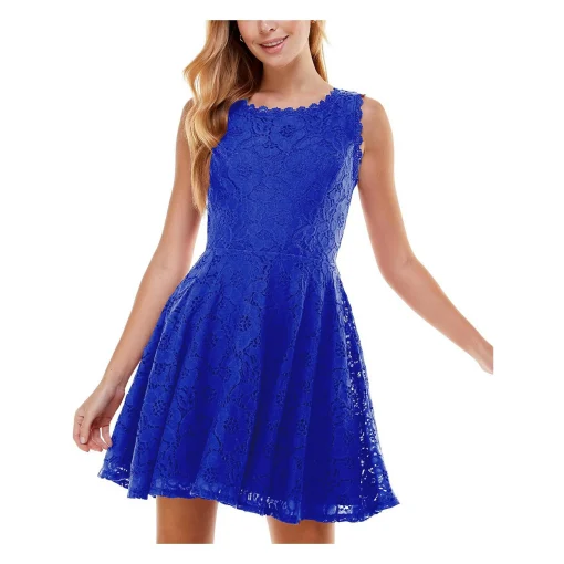 City Studio Juniors Womens Lace Overlay Mini Fit & Flare Dress blue 5 - Image 2