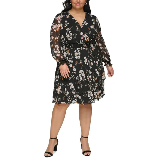 Dkny Womens Black Ruffled Zippered Smocked Lined Floral Long Sleeve Surplice Neckline Knee Length Wear to Work Fit + Flare Dress Plus 22W - All