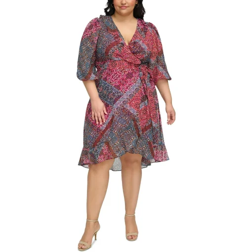 Jessica Howard Plus Womens Printed Knee-Length Wrap Dress Size 24W