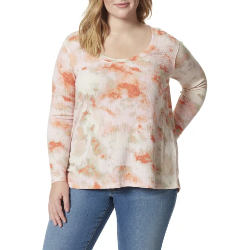 Jessica Simpson Women's Blouses 5LH - White & Orange Tie-Dye Melinda Textured Scoop Neck Top - Plus 1X