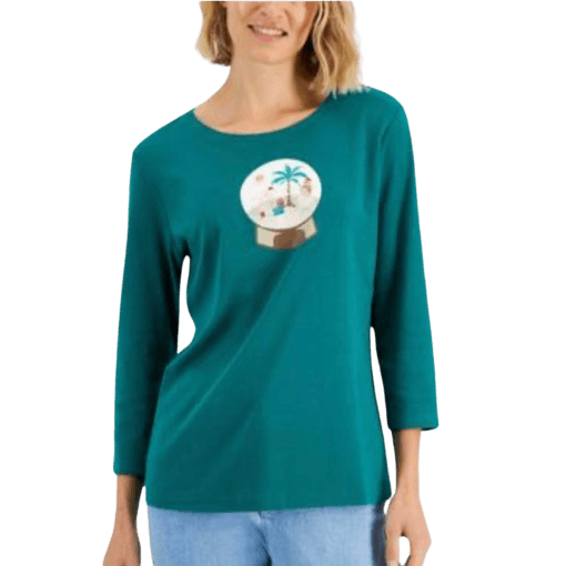 Karen Scott Petite Holiday Print 3/4-Sleeve Tops,Marine Green PL