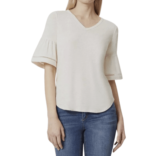 JONES NEW YORK Women's Slub Flounce Sleeve V-neck Top with M