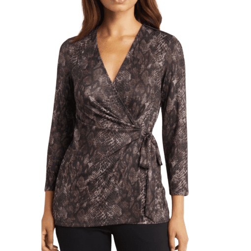 Anne Klein Women's Snakeskin-Print Faux-Wrap Top - Espresso Combo W