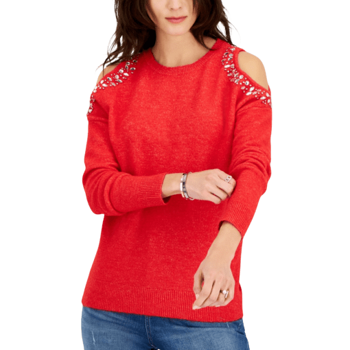 INC Women's Jewel-Studded Cold-Shoulder Sweater Real Red Size XL