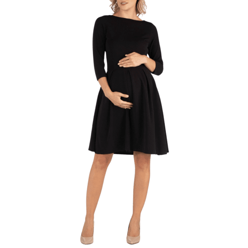 24Seven Comfort Apparel Knee Length Fit N Flare Maternity Dress with Pockets - Black M