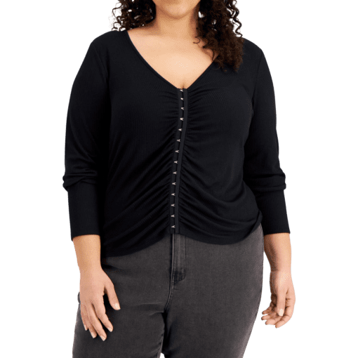 Hippie Rose Trendy Plus Size Ruched Hook-and-Eye-Front Top Black Size 3X