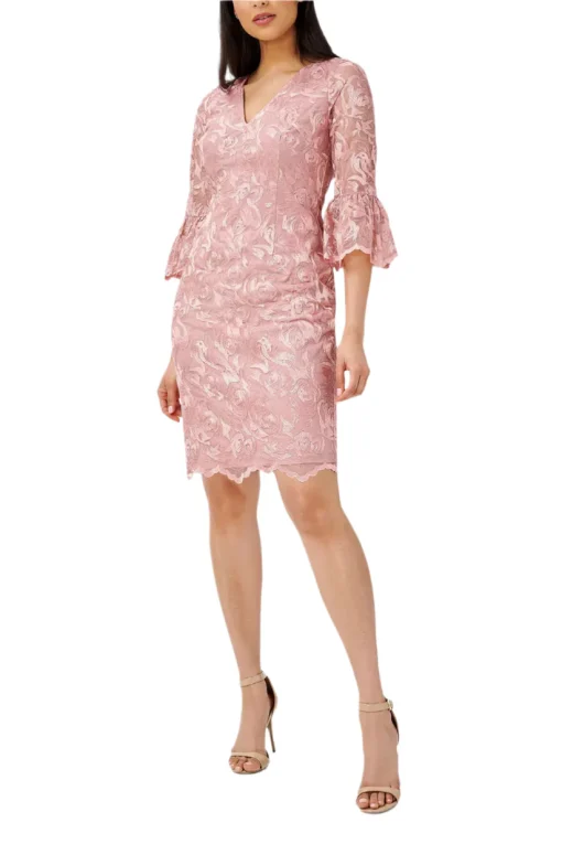 Adrianna Papell Womens Pink Zippered Lined Sheer Darted Scalloped Floral Bell Sleeve V Neck Above the Knee Cocktail Sheath Dress 6 - All