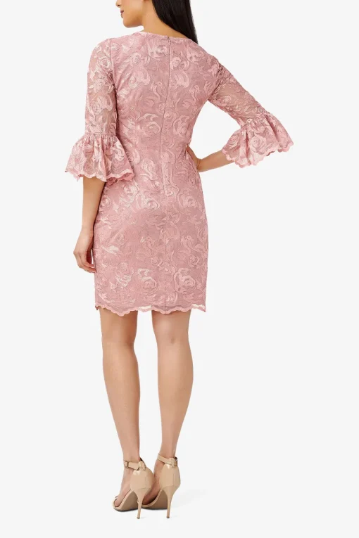 Adrianna Papell Womens Pink Zippered Lined Sheer Darted Scalloped Floral Bell Sleeve V Neck Above the Knee Cocktail Sheath Dress 6 - All - Image 2