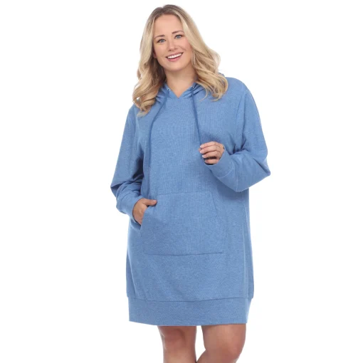 White Mark Women's Plus Size Hoodie Sweatshirt Dress, Blue, 2X