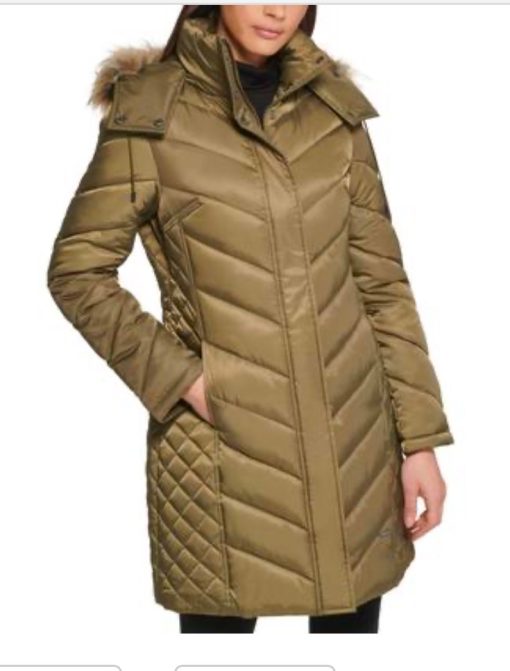 Kenneth Cole Olive Puffer Coat with Hood - Women's Small Winter Coat