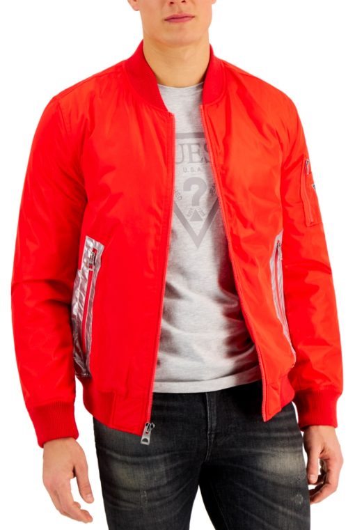 Guess Men's Bomber Jacket with Reflective Logo Detailing - Red M