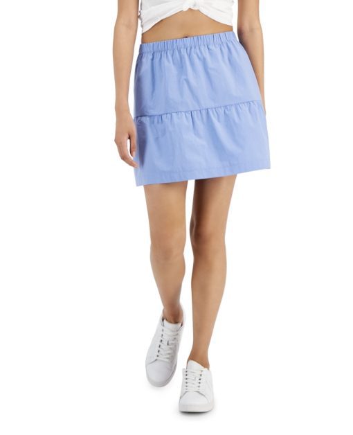 Hippie Rose Juniors' Elasticized-Waist Poplin Tiered Mini Skirt - Aster Blue XS