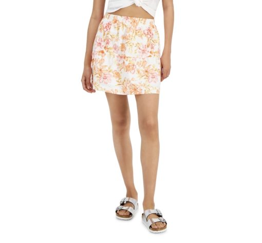 Hippie Rose Juniors' Elasticized-Waist Poplin Tiered Mini Skirt - Ivory Tan Floral XS