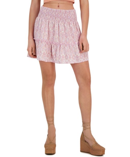 Hippie Rose Juniors' Printed Smocked-Waist Mini Skirt M