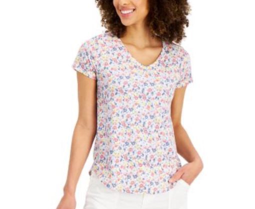 Style & Co Plus Size Printed Burnout T-Shirt,Floral Bright White 2X