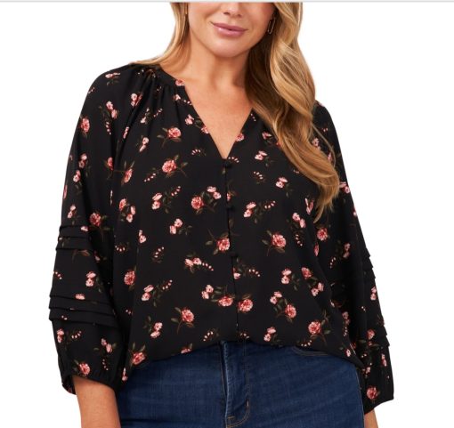 1.state Trendy Plus Size Floral-Print Pleated Blouse 2X