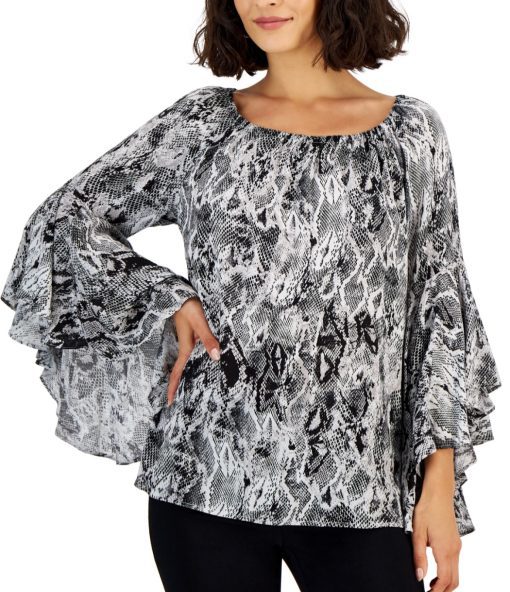 Fever Women's Animal-Print on & Off-the-Shoulder Bell Sleeve Top XL