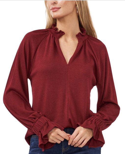 Vince Camuto Womens Maroon Smocked Bell Cuffs Long Sleeve Split Sweater S - All S