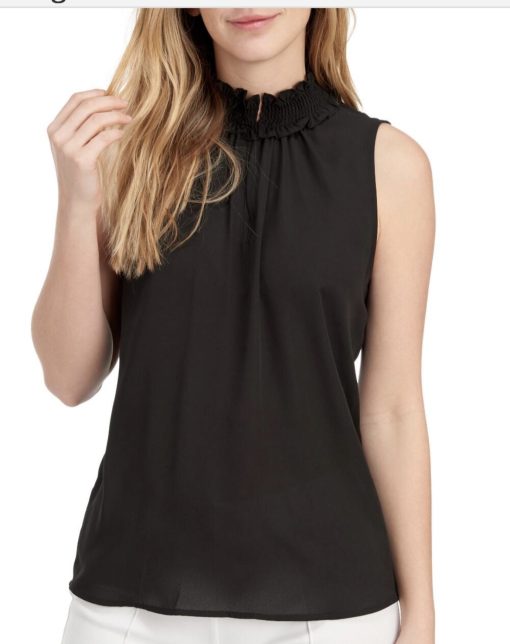 CeCe Solid Smocked Mock Neck Blouse | S | Polyester black