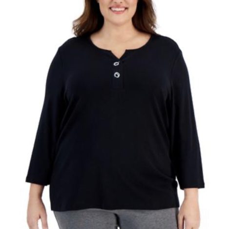 Karen Scott Plus Size Toggle-Neck Top, Deep Black 1X