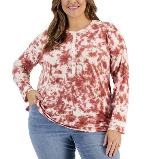 Style & Co Plus Size Tie-Dyed Henley Top, Pink Water Dye 1X