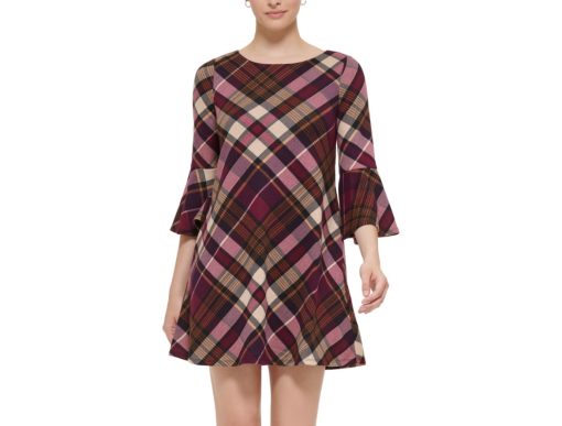 Jessica Howard Petites Womens Plaid Bell Sleeves Shift Dress PM