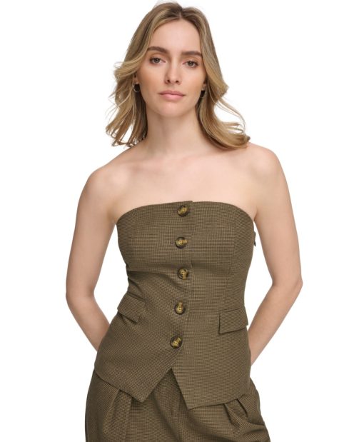 Calvin Klein Women's X-Fit Strapless Houndstooth Button-Front Vest - Coffee Bean Multi 8