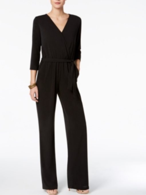 Petites Womens V-Neck Belted Jumpsuit PXS