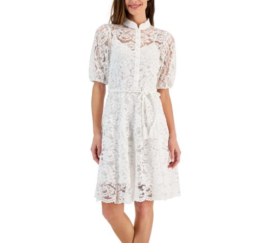 Tahari Petite Lace Belted Fit & Flare Dress - Ivory 14P withe