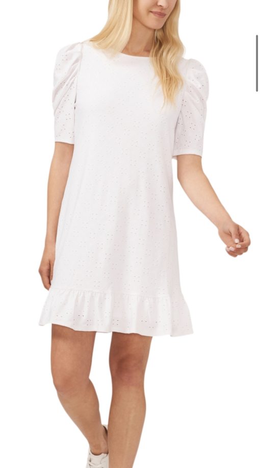 CeCe Women's Short Puff-Sleeve Eyelet Ruffled-Hem Dress Size M