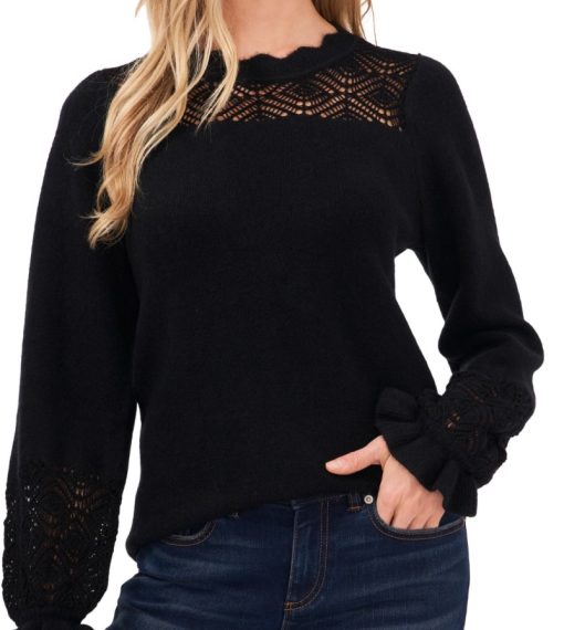 CeCe Crochet Yoke Sweater, Size Small in Rich Black at Nordstrom