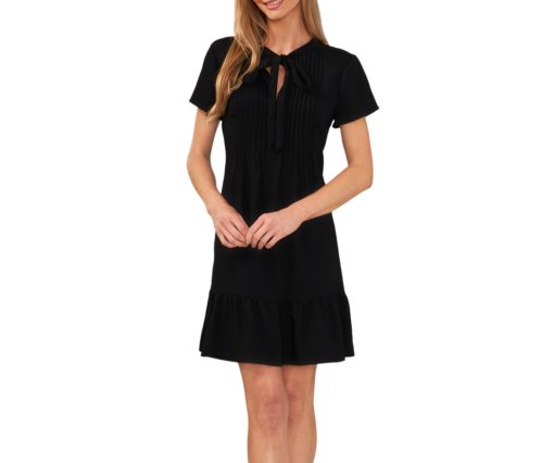 CeCe Womens Short Sleeve Tie Neck Mini Dress black 6