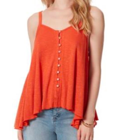 JESSICA SIMPSON Womens Orange Ribbed Button up Lettuce Trim Heather Sleeveless V Neck Tank Top size L