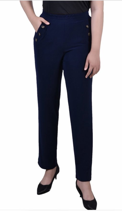 NY Collection Navy Button Detail Pants - Work Trousers