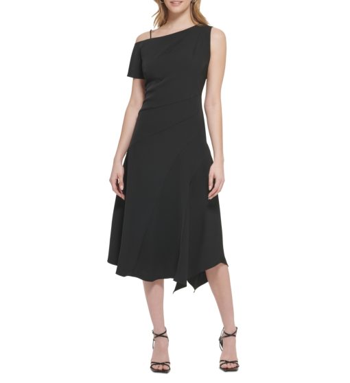 Calvin Klein Black Asymmetrical Midi Dress Size 6 - Cocktail Dress