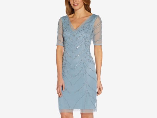 Hand-Beaded Illusion Short Sheath Cocktail Dress in Air Sky 0