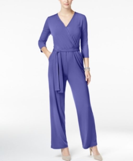 My Collection Petites Womens V-Neck Belted Jumpsuit PL