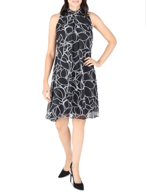 Robbie Bee Women's Printed Tie-Back Mock Neck Dress - Black/White size 10