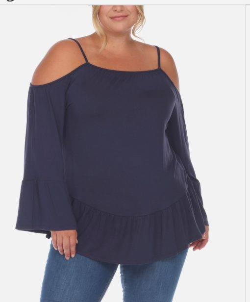 White Mark PS1352-02-1X Plus Size Cold Shoulder Ruffle Sleeve Top, Navy - 1X