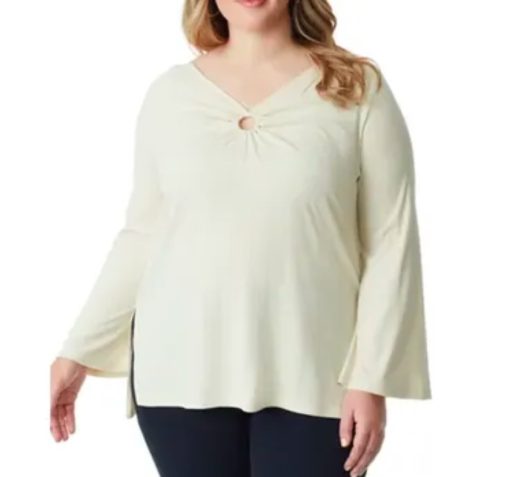 Jessica Simpson Plus Size Jasleen Keyhole Bell-Sleeve Ribbed Tunic Top - Parchment size 3x