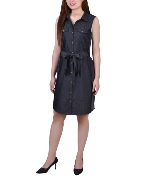 Ny Collection Petite Sleeveless Belted Denim Dress - Black Denim size PM