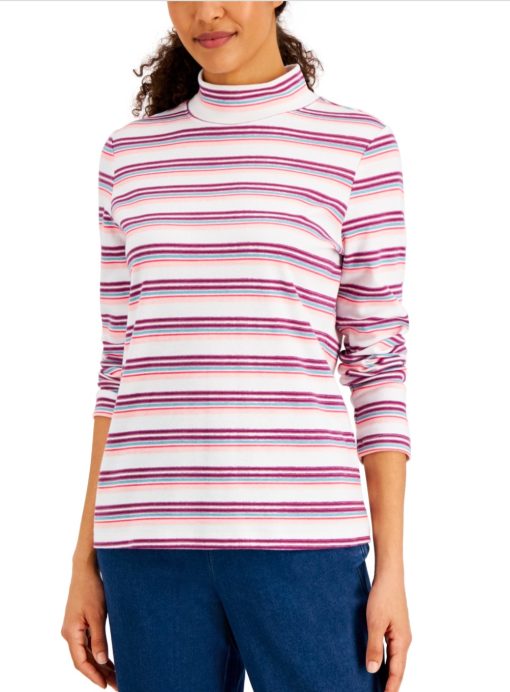 Karen Scott Women's Desert Stripe Mock-Neck Top, Created for Macy's - Bright White size XL