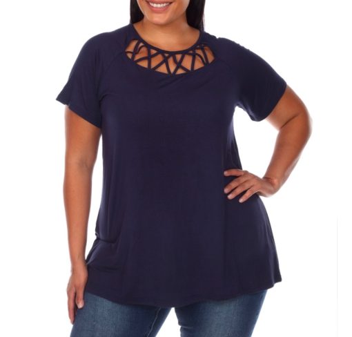 White Mark Plus Size Crisscross Cutout Short Sleeve Top - Navy size 1XL