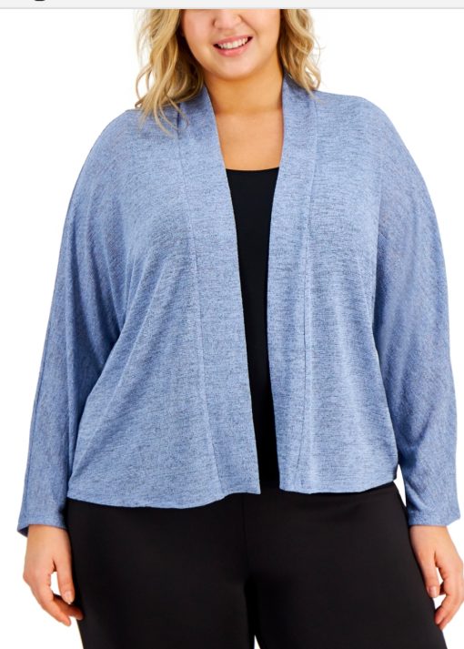 Kasper Womens Blue Textured Sheer Heather Long Sleeve Open Front Cardigan Plus 3X - All